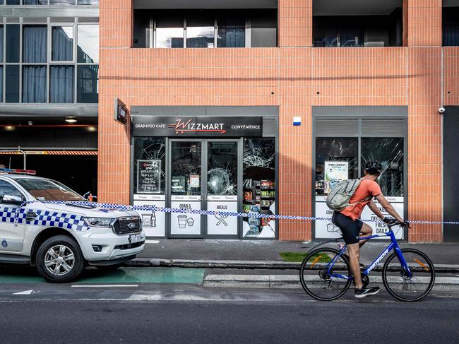 The Wizzmart store was set alight on Wellington St. Picture: Jake Nowakowski