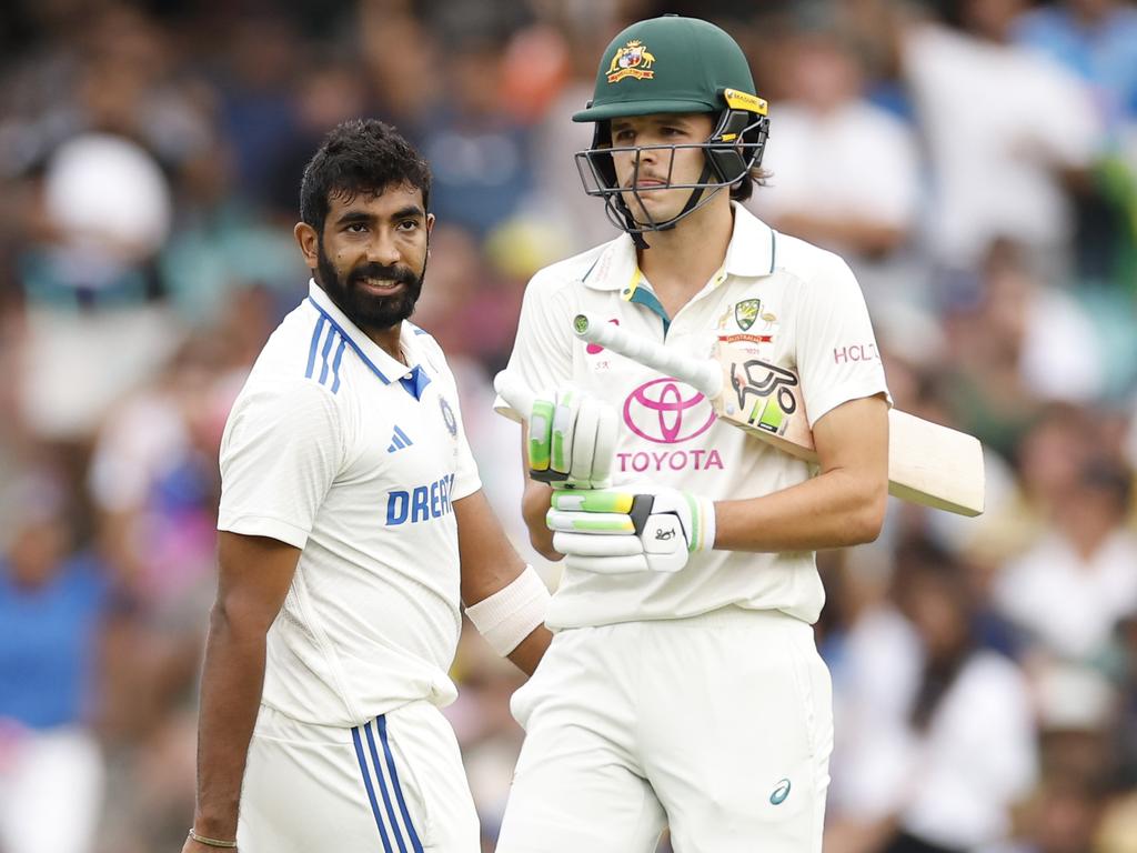 Jasprit Bumrah and Sam Konstas had a running battle through the final two Tests of the series. Picture: Getty