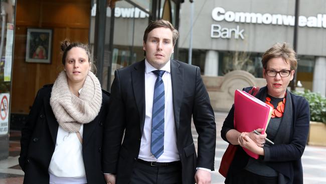 Adam Cranston at the Downing Centre District Court in 2017 with his wife Elizabeth (left) and barrister Penny Musgrave (right).