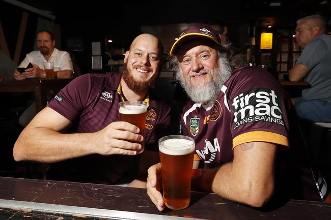 Tom Gusterson and Daryl Gusterson pictured at the Broncos v Rabbitohs, round 1, on Caxton Street, Brisbane 11th of March 2022. This is the first game for the BroncosÃ• season.