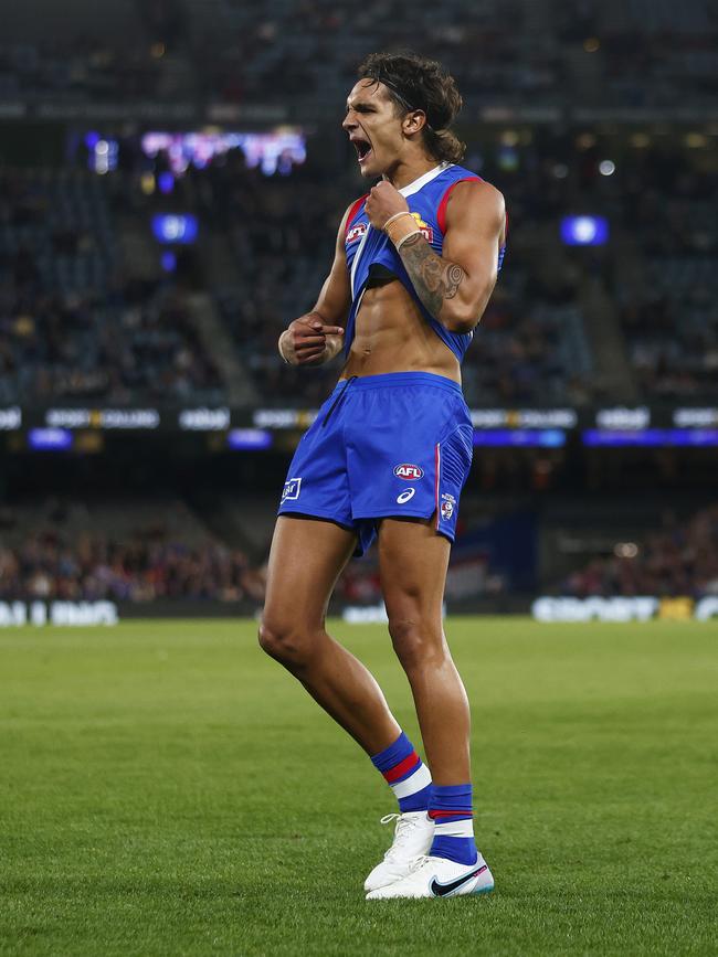 The Western Bulldogs’ Jamarra Ugle-Hagan emulated Winmar in his own emphatic stand after being racially abused by supporters earlier this year. (Photo by Daniel Pockett/Getty Images)