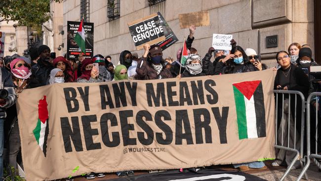 Students participate in a protest in support of Palestine and for free speech outside of the Columbia University campus in New York City. Picture: AFP