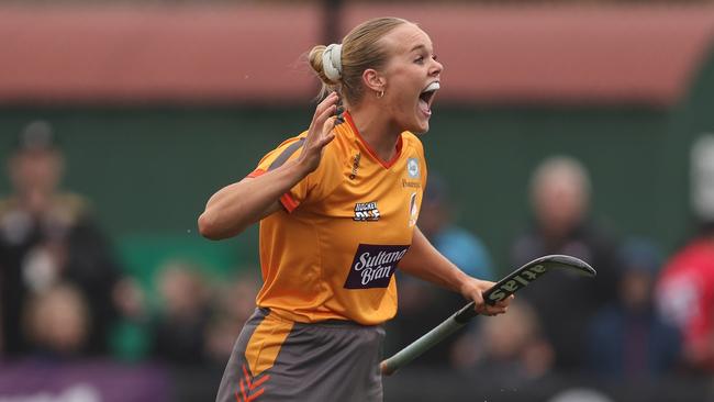 Tatum Stewart celebrates a goal for the Brisbane Blaze celebrates before it was disallowed during the Hockey One League Women's semi-final against Hockey Club Melbourne. Picture: Getty Images