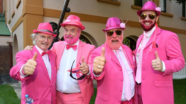 (L-R) Michael Baskin, Michael Walpole, Richard Collins and Matthew Knapman look pretty in pink on day three of the Fourth Test match between Australia and India at the SCG. Picture: AAP Image