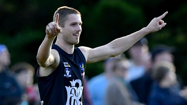 Blake Kuipers of Rosebud celebrates kicking a goal during the round ten MPFNL Division One Seniors match between Sorrento and Rosebud at David Macfarlan Reserve, on June 08, 2024, in Sorrento, Australia. (Photo by Josh Chadwick)