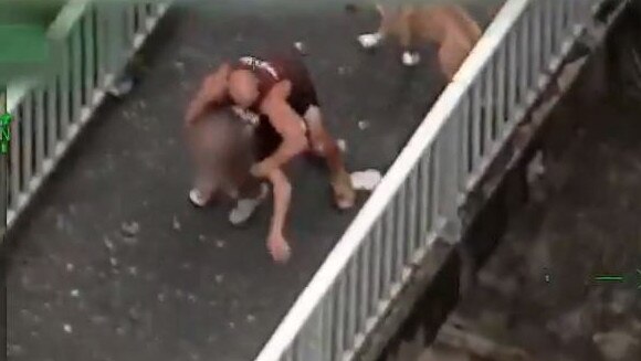 The dog-walker tackling Sen to the ground. Photo: Queensland Police