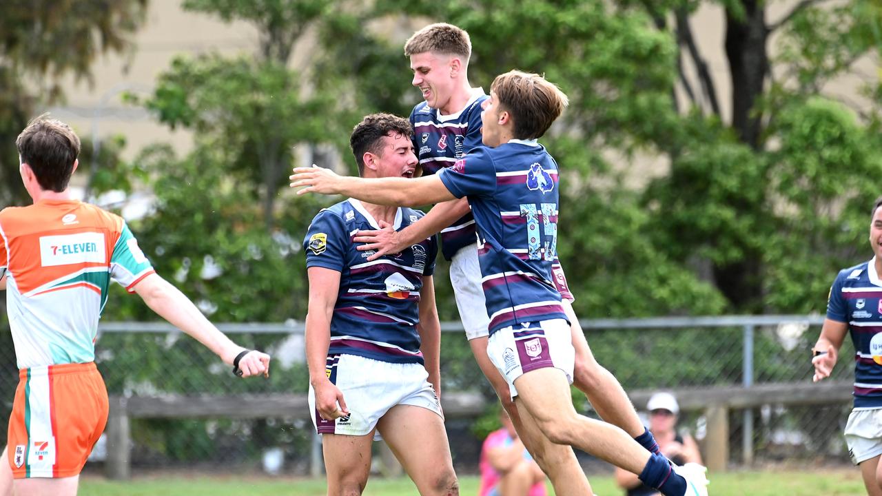 Mountain Creek players celebrate a try. against St Mary’s College.. Picture, John Gass