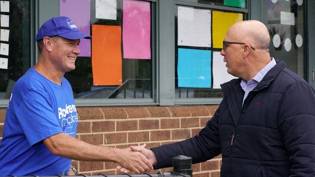 Peter Dutton visits a polling station at Lysterfield Primary School in southeastern Melbourne in support of Liberal Party candidate for Aston Roshena Campbell in 2023. Picture: Luis Ascui/NewsWire.