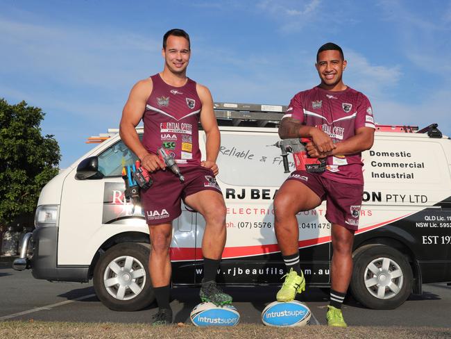 Burleigh Bears players Hayden Schwass and Sami Sauiluma work together at Ray Beaufils Electrical, and squeeze training and playing League into their hectic schedules. Picture Glenn hampson