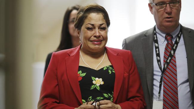 Chelan Lasha weeps as she returns to the courtroom after recess to testify against Bill Cosby. Picture: Dominick Reuter/AP