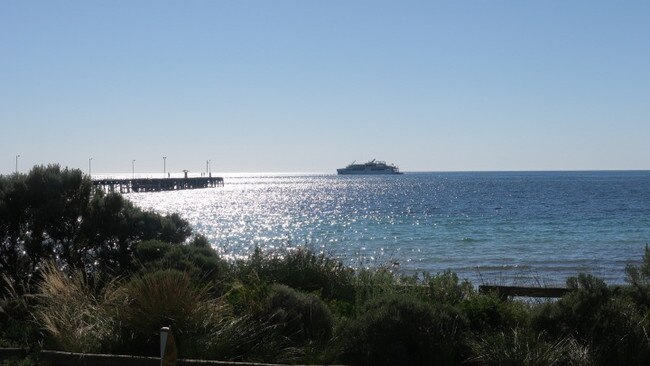 The Coral Geographer docked in Tumby Bay on Thursday morning. Picture: Emily Jarvis