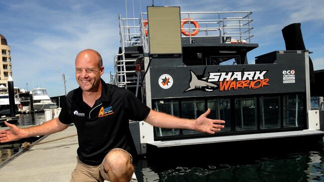 Adventure Bay Charters owner Matt Waller and the Shark Warrior. Pic Keryn Stevens.