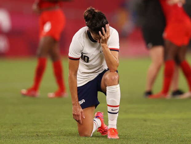 KASHIMA, JAPAN - AUGUST 02: Carli Lloyd #10 of Team United States looks dejected following defeat in the Women's Semi-Final match between USA and Canada on day ten of the Tokyo Olympic Games at Kashima Stadium on August 02, 2021 in Kashima, Ibaraki, Japan. (Photo by Francois Nel/Getty Images)