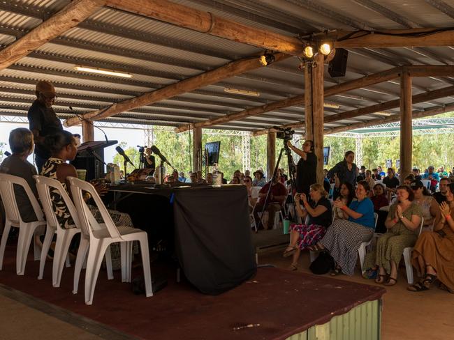 A speaker talks at the Key Forum during Garma Festival 2022 at Gulkula on July 29, 2022 in East Arnhem, Australia. Picture: Tamati Smith/Getty Images