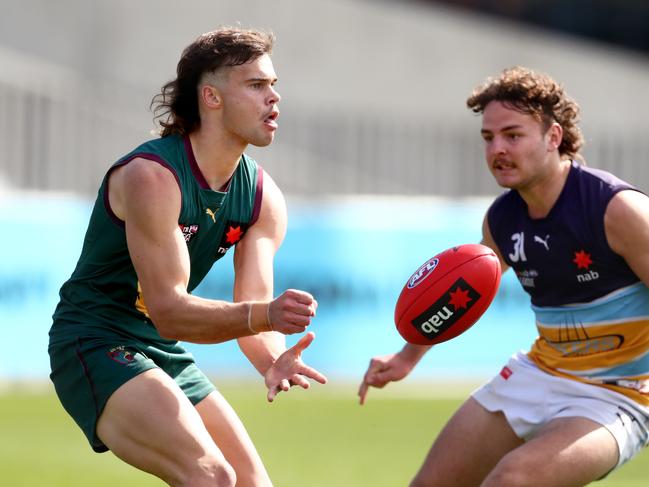 Lachie Cowan missed out on selection in the first round but is a super strong chance of being selected on night two of the AFL draft on Tuesday night (Photo by Kelly Defina/AFL Photos/via Getty Images)