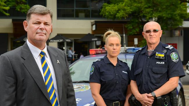 Police Association president Mark Carroll with Senior Constables Tash Smith and Paul Jelfs, who have both been the victims of violence in unrelated incidents. Picture: Brenton Edwards/AAP