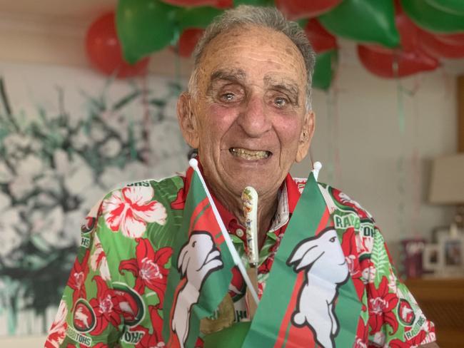 South Sydney fan Tass Economos celebrating his 90th birthday.