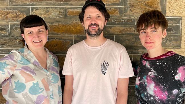 Bettina Hamilton (producer), Matt Vesely (director), and Lucy Campbell (writer), the creators of 2022 sci-fi feature film Monolith. Picture: Supplied by SAFC