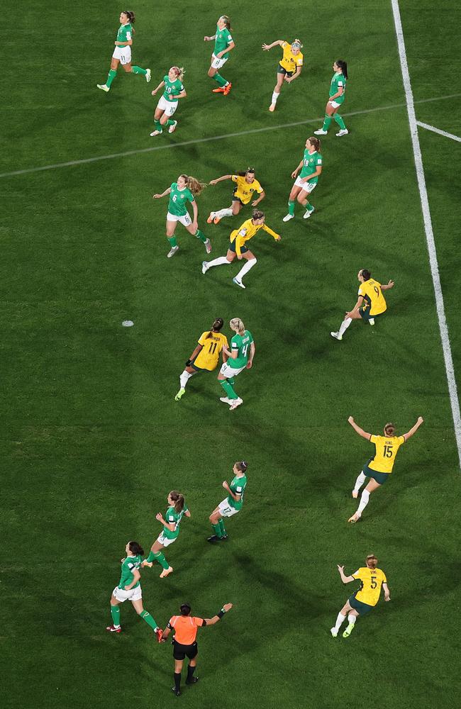 An aerial view of Steph Catley and the team celebrating after scoring Australia’s first goal in the World Cup versus Ireland in Sydney. Picture: Cameron Spencer/Getty Images