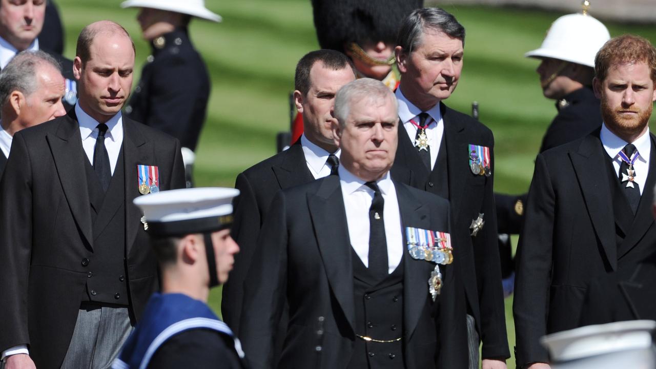 Prince William, Prince Andrew and Prince Harry walking behind the coffin during the funeral of Prince Philip in April last year. Picture: Mark Large-WPA Pool/Getty Images