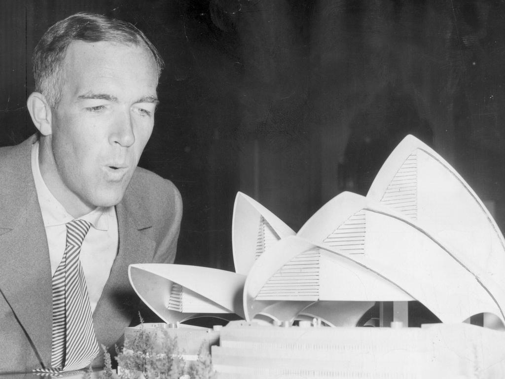 1. Danish architect* Joern Utzon in 1962 with his model of the Sydney Opera House. Utzon won a 1956 design competition for the Opera House out of 223 entries from 28 countries. Picture: News Corp Australia