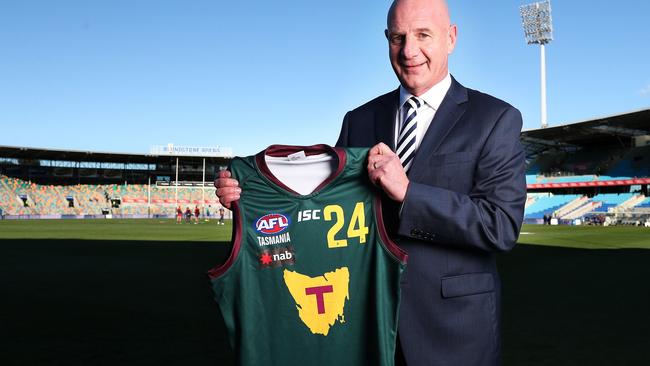 Premier Peter Gutwein at Blundstone Arena supporting AFL games in Tasmania with the push for our own Tasmanian team. Picture: Nikki Davis-Jones