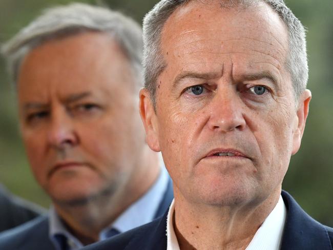 The Federal Member for Grayndler Anthony Albanese (left) and Australian Opposition Leader Bill Shorten (right) are seen during a press conference at MONA (Museum of Old and New Art) in Hobart, Saturday, April 27, 2019. Mr Shorten has promised to pump more than $120 million into various Tasmanian tourist attractions. (AAP Image/Darren England) NO ARCHIVING