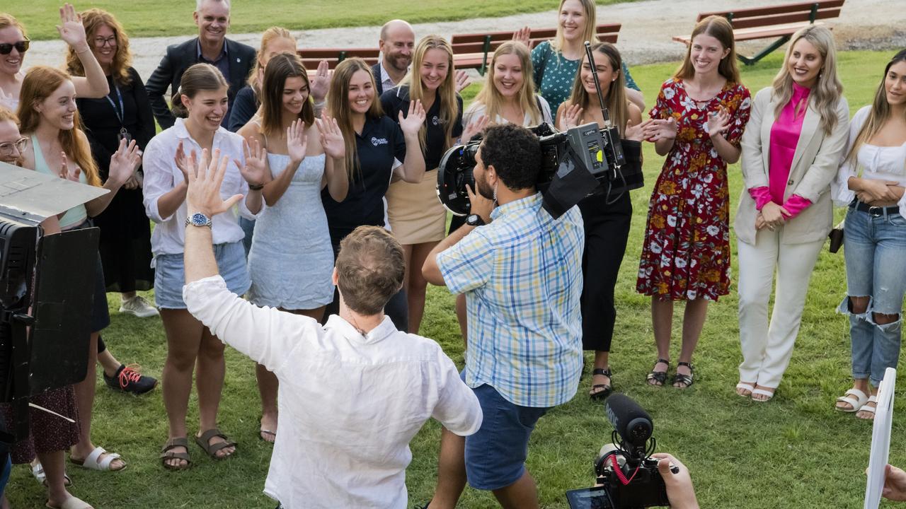 Sunrise weatherman Sam Mac with students at Bond University. Picture: Cavan Flynn/Bond University.