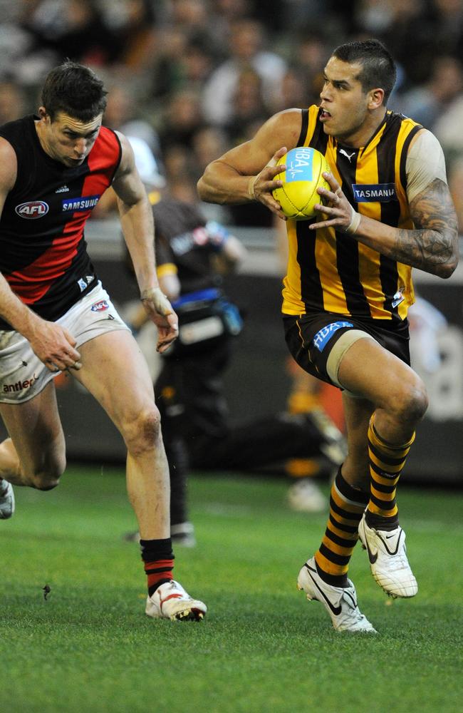 Lance Franklin starts his incredible run from the wing in front of Cale Hooker. Picture: Michael Dodge