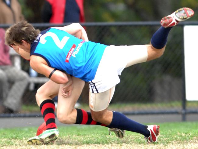 Luke Barker lays a tackle for Croydon during his time at the Blues. 