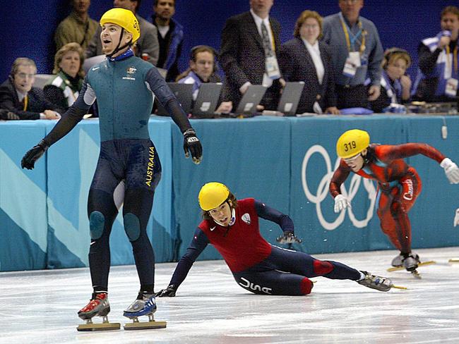 Steven Bradbury crossing the line in Salt Lake City 2002.