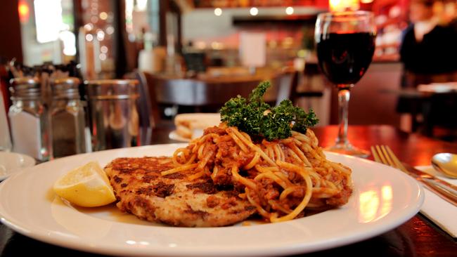 Leo's spaghetti cotoletta - veal schnitzel with a side of spaghetti. Picture: Nicole Cleary