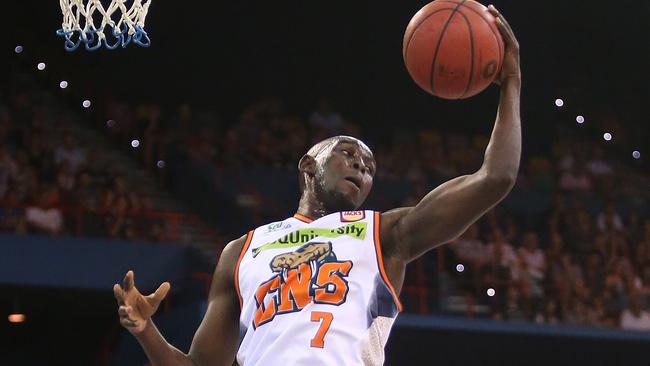 BRISBANE, AUSTRALIA – JANUARY 19: Kuany Kuany of Cairns rebounds the ball during the round 14 NBL match between the Brisbane Bullets and the Cairns Taipans at the Brisbane Entertainment centre on January 19, 2019 in Brisbane, Australia. (Photo by Jono Searle/Getty Images)