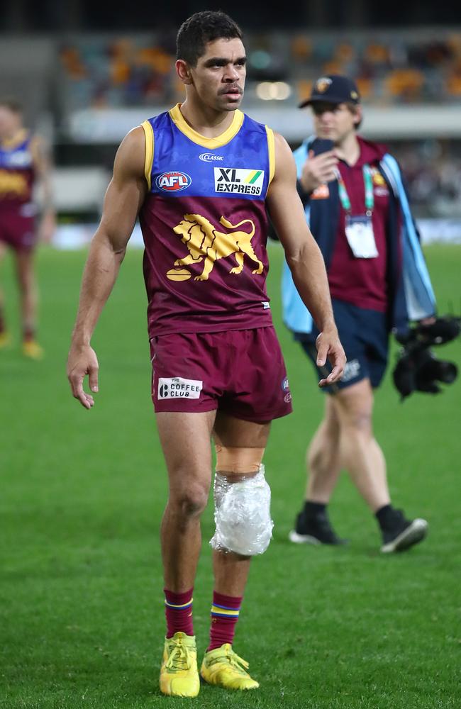 Charlie Cameron was seen with ice on his knee after the game. Picture: Jono Searle/AFL Photos/via Getty Images