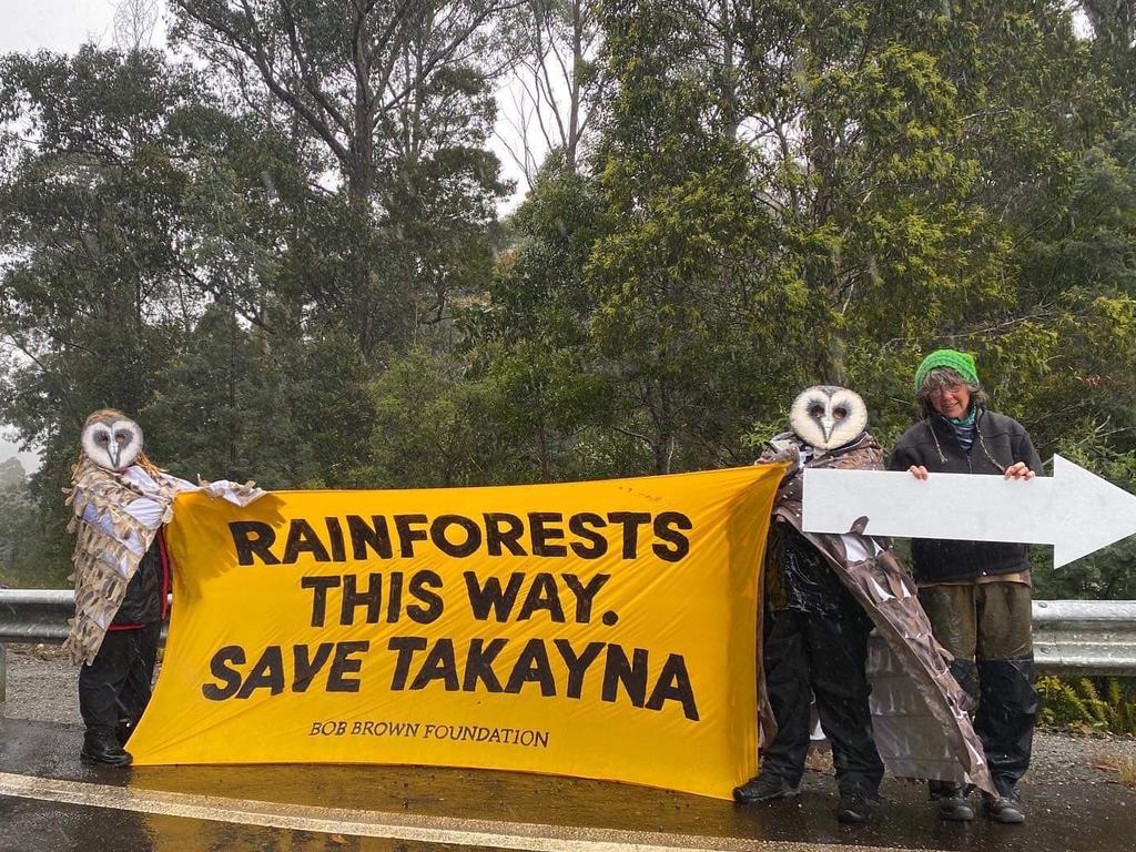 Protesters wait for Tanya Plibersek in the Tarkine.