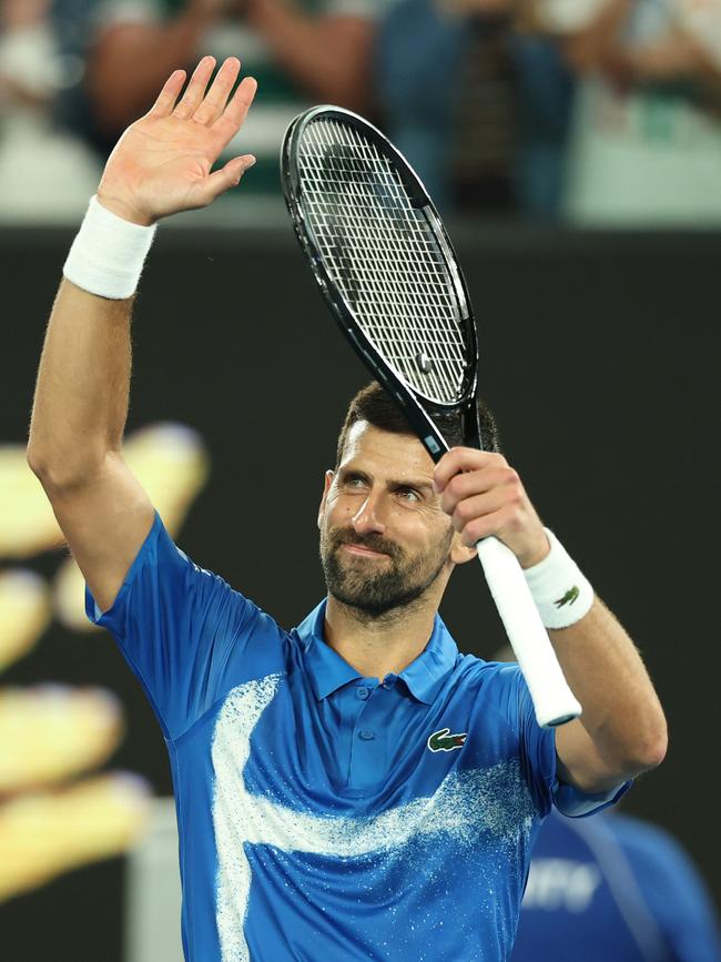 Djokovic thanks the crowd after downing Nishesh Basavareddy. Picture: Cameron Spencer/Getty Images