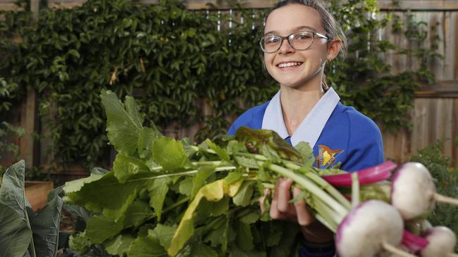 Redcliffe State School student Katie Brooks, 13, with produce grown at the Scarborough Masonic Centre community garden-a project run by Rotary and Freemasons, Friday, May, 31, 2019. (AAP Image/Regi Varghese)