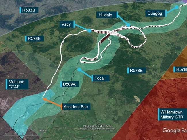 The flight path of a Bell 206 Jet Ranger helicopter shortly before it crashed killing experienced pilot Peter Weiland, 51, on October 6, 2022, near Maitland. Picture: Australian Transport Safety Bureau