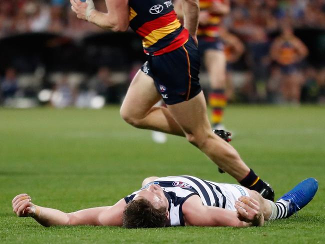 Patrick Dangerfield after being crunched by Rory Sloane. Picture: AFL Media