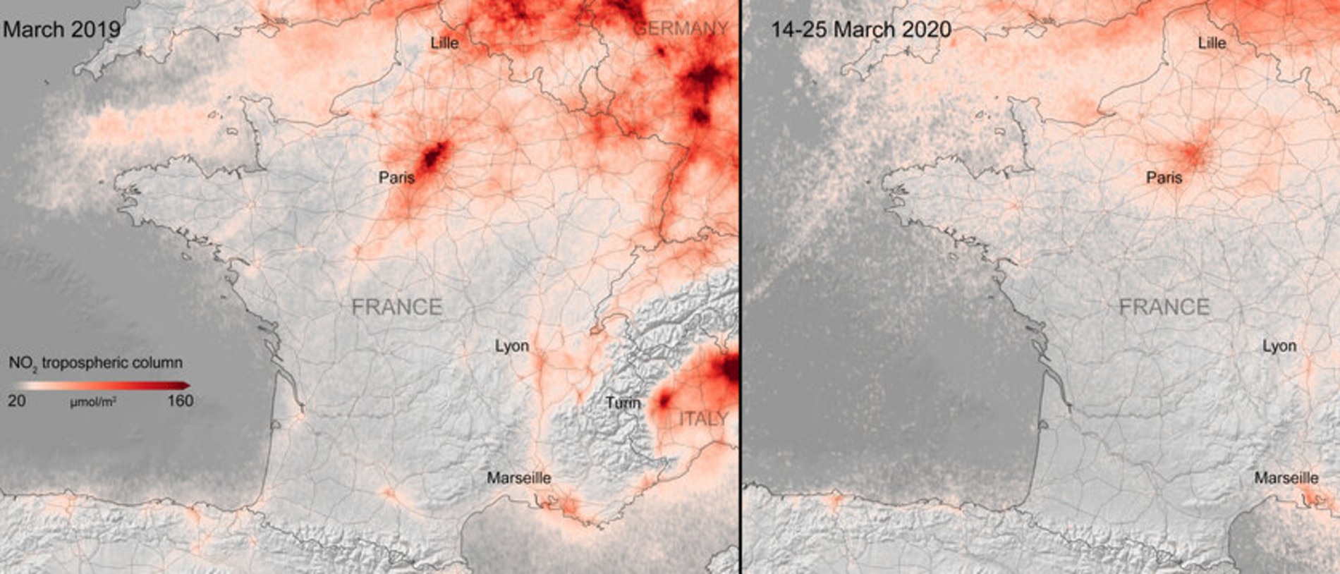 Nitrogen dioxide concentrations over France. Picture: ESA