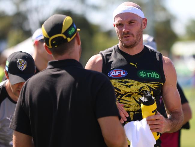 McIntosh and his Jayde Herrick-style headband caught the eye during the Tigers’ practice match against West Coast in Perth last month. Picture: Janelle St Pierre / Getty Images