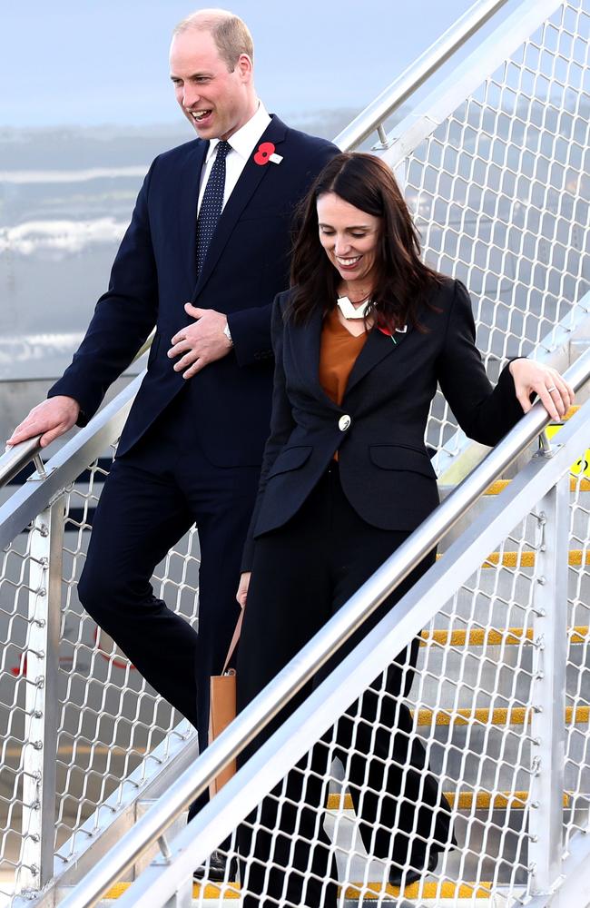 Britain's Prince William arrives with New Zealand's Prime Minister Jacinda Ardern at the Royal New Zealand air force Air Movements Terminal in Christchurch. Picture: AFP