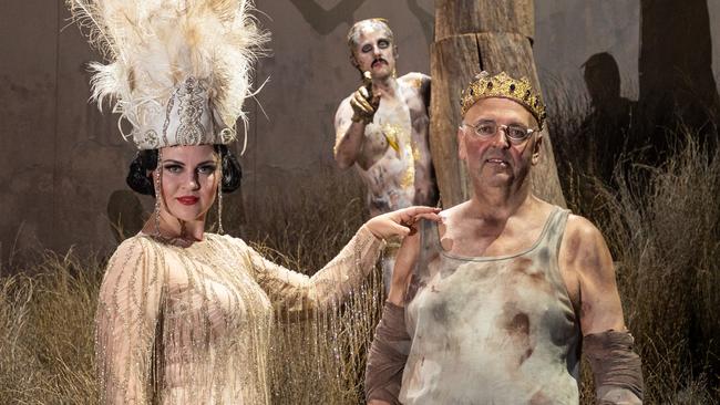 Adelaide Festival 2022. The Golden Cockerel opera singers  Venera Gimadieva (Russian soprano) and Pavlo Hunka (British-Ukranian bass-baritone), with Australian actor Matt Whittet in the background as the cockerel.Picture: Andrew Beveridge ,