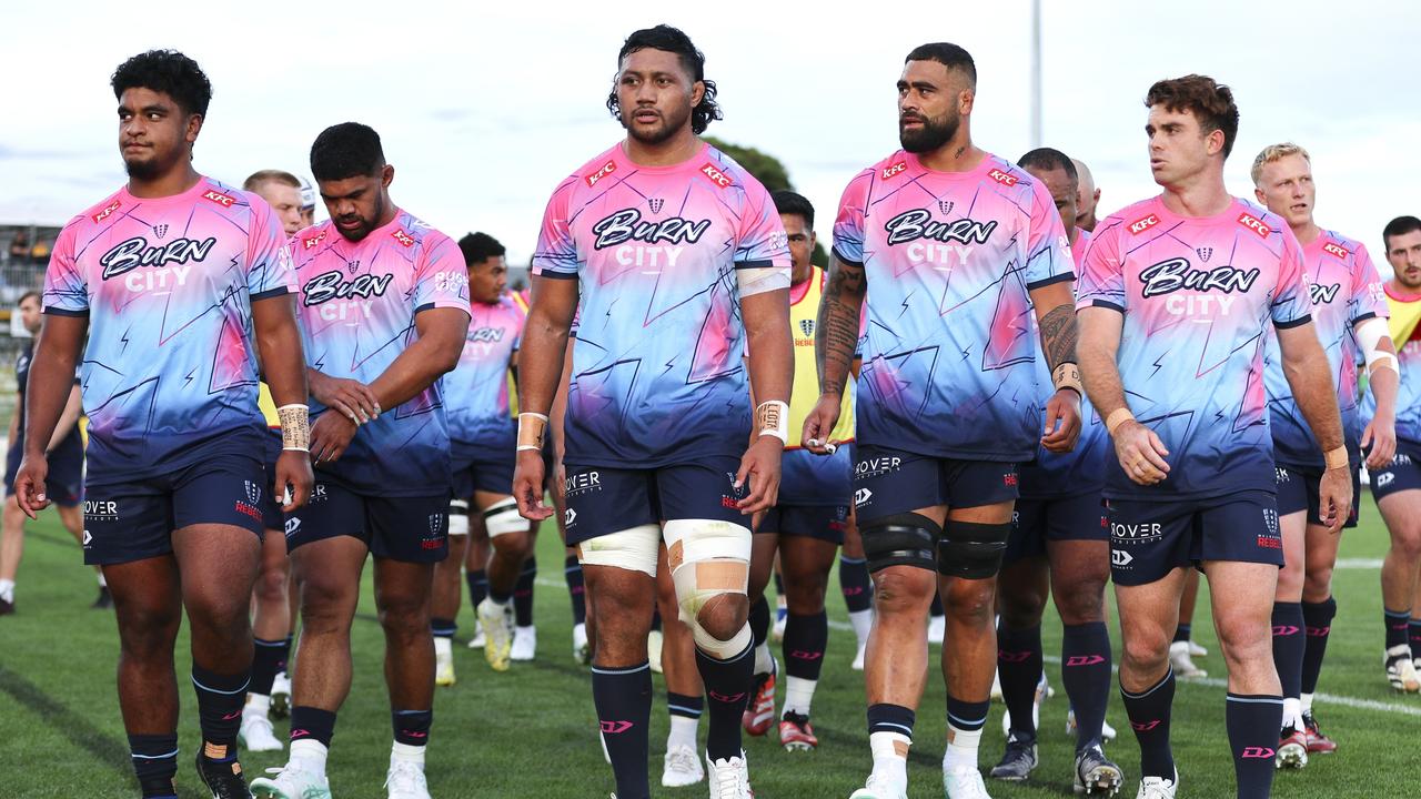 Rebels players leave the field after warming up during the round five Super Rugby Pacific match between Hurricanes and Melbourne Rebels at Central Energy Trust Arena, on March 22, 2024, in Palmerston North, New Zealand. (Photo by Hagen Hopkins/Getty Images)