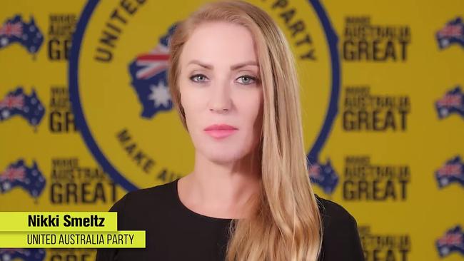 Nicole Smeltz appeared in a United Australia Party advert.