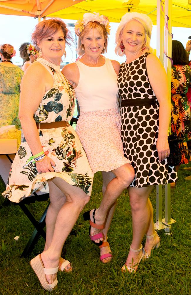 Jo Skinner from Richmond, Glynis Forse from West Mackay and Jo Ashford from Andergrove at the Hawaiian Christmas Race Day. Mackay Turf Club, Ooralea. Picture: Michaela Harlow