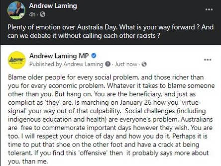 Andrew Laming continued the discussion on his personal account. Picture: Facebook