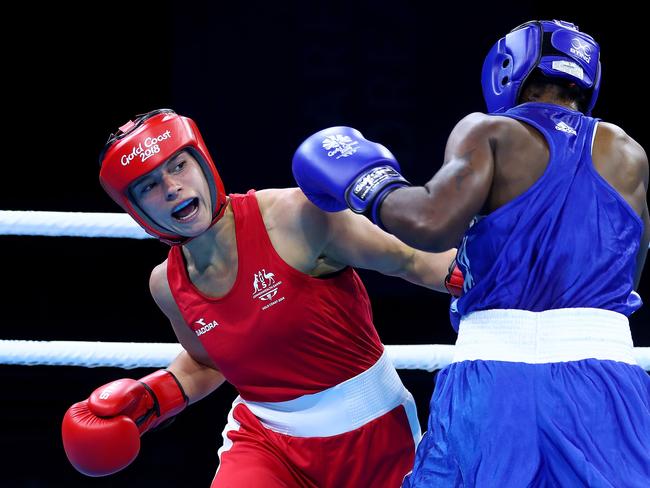 GOLD COAST, AUSTRALIA - APRIL 10:  Skye Nicolson of Australia and Christelle Aurore Ndiang of cameroon compete in the Women's 57kg Quarterfinal Boxing on day six of the Gold Coast 2018 Commonwealth Games at Oxenford Studios on April 10, 2018 on the Gold Coast, Australia.  (Photo by Chris Hyde/Getty Images)