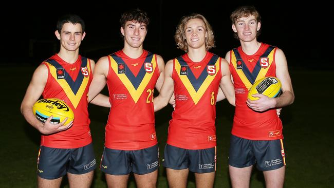 SA under-18 captain Adam D’Aloia (second left) with vice-captains Nick Sadler (left), Kobe Ryan (second right) and Max Michalanney (right). Picture: Peter Argent