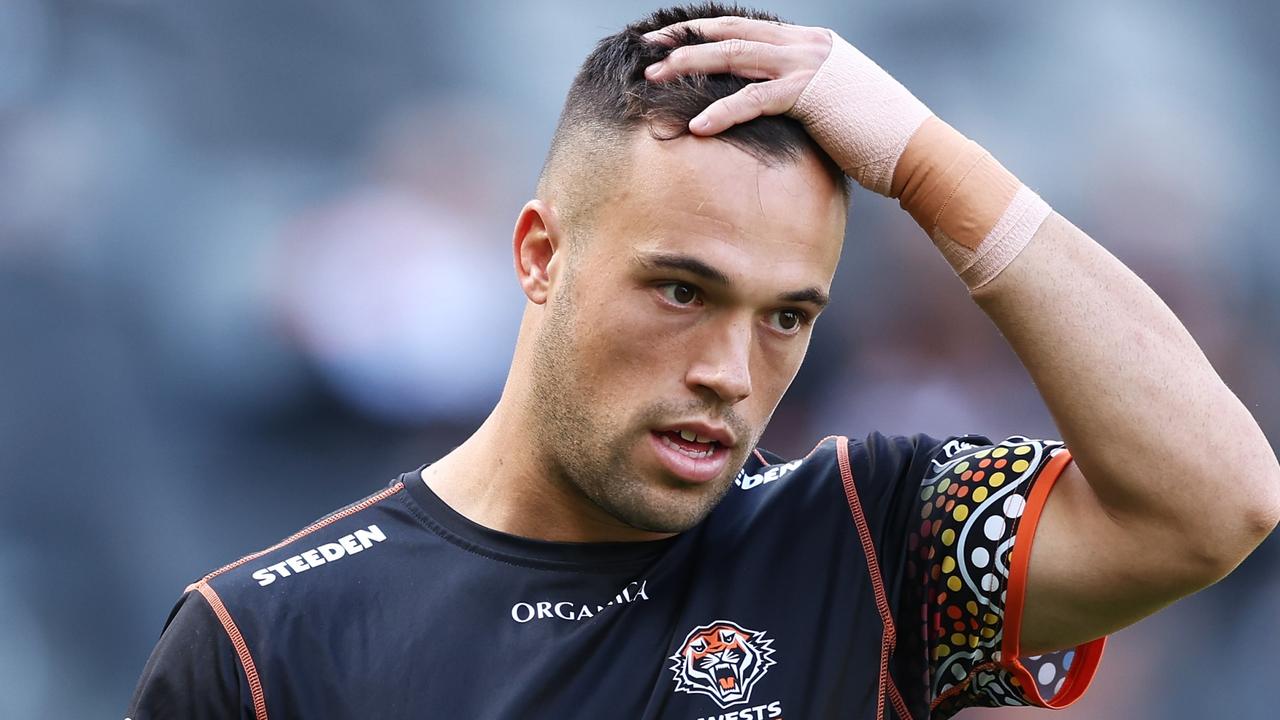 SYDNEY, AUSTRALIA - JULY 17: Luke Brooks of the Tigers warms up during the round 18 NRL match between the Wests Tigers and the Penrith Panthers at CommBank Stadium, on July 17, 2022, in Sydney, Australia. (Photo by Matt King/Getty Images)